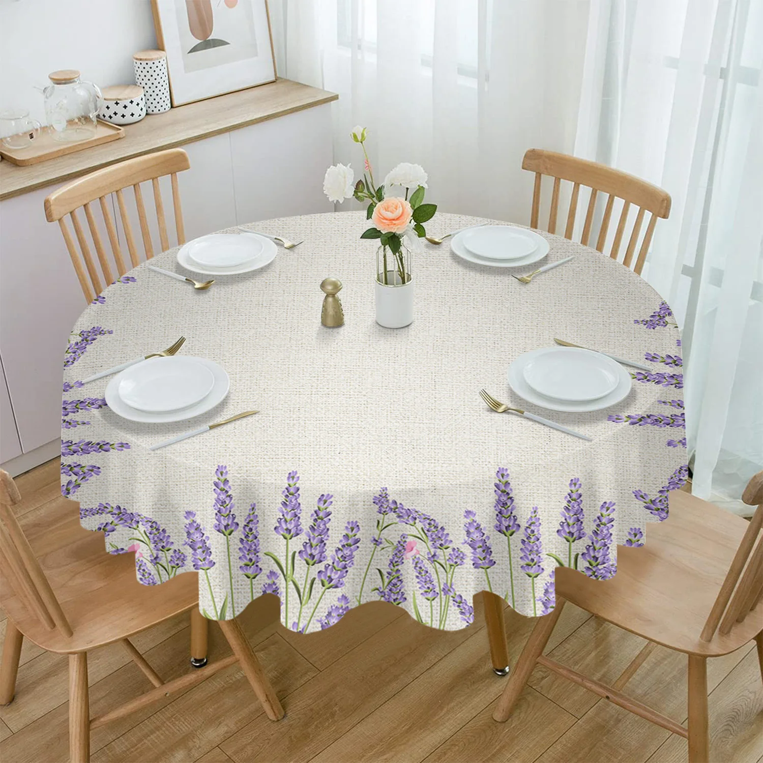 Lavender Cotton Hemp Sole Round Tablecloth Kitchen Decor Waterproof Table Cloth Dining Coffee Table Cover Picnic Mat