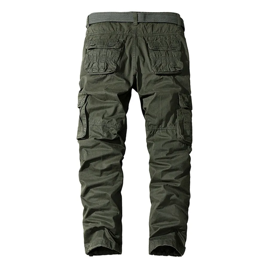 2025 New Men's Cargo Pants Casual Green Multi Pocket Pants Long Work Trousers for Men Cotton Straight Outdoor Jogging NO Belt