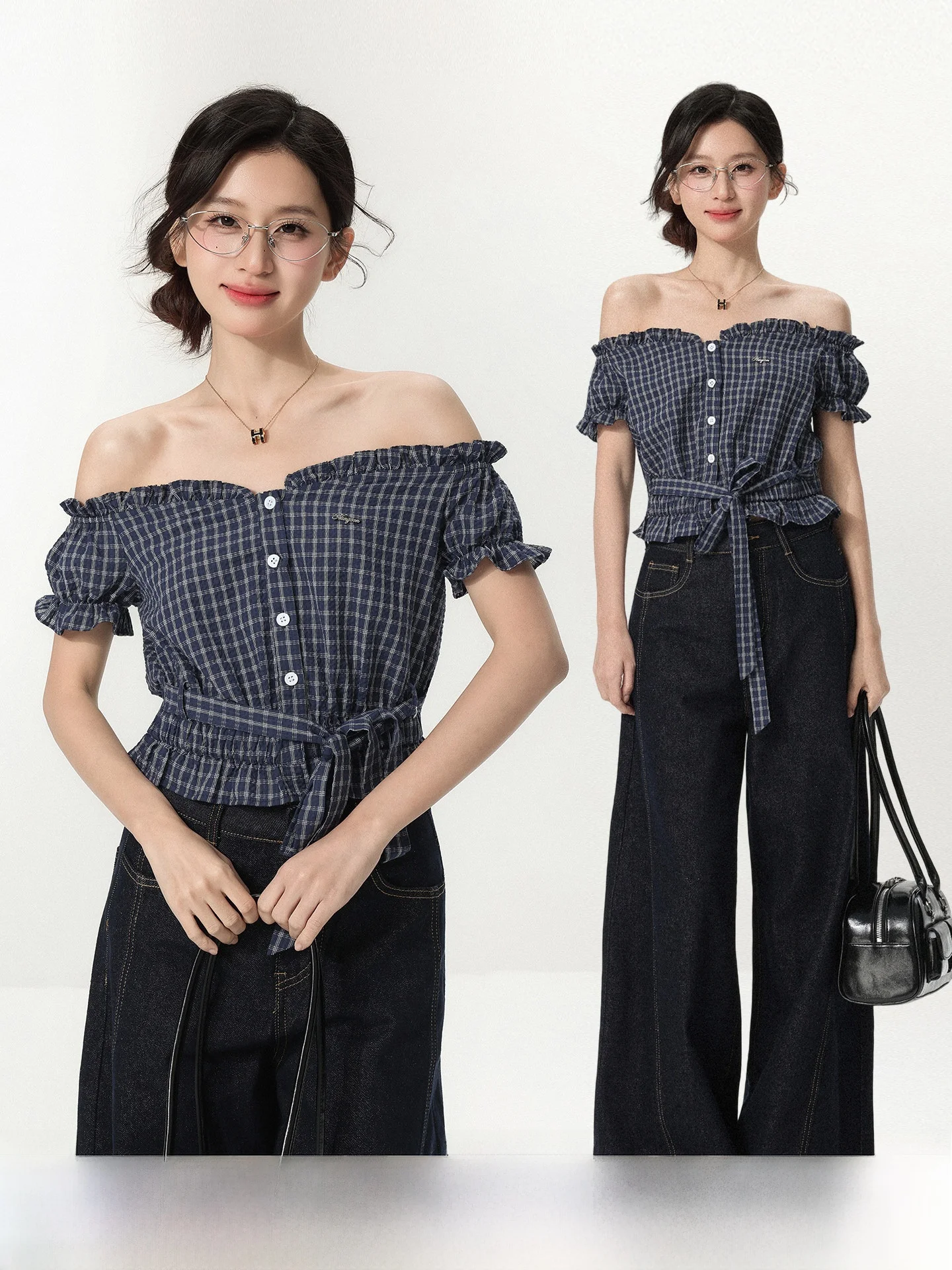 

Blue Plaid One oulder Korean Sle irt Belted Waist Tie Dye ort Sve Women's Faion Spring Collection irt