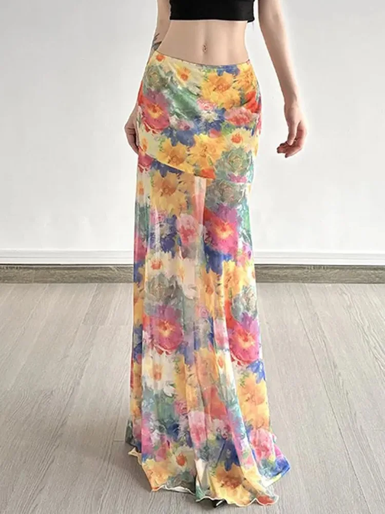 Boho Floral Mesh Long Skirt Women Sexy Low Waist Ocean Holiday Skirts Summer Vintage Sweet Slim Lady Elegant Mermaid Long Skirts