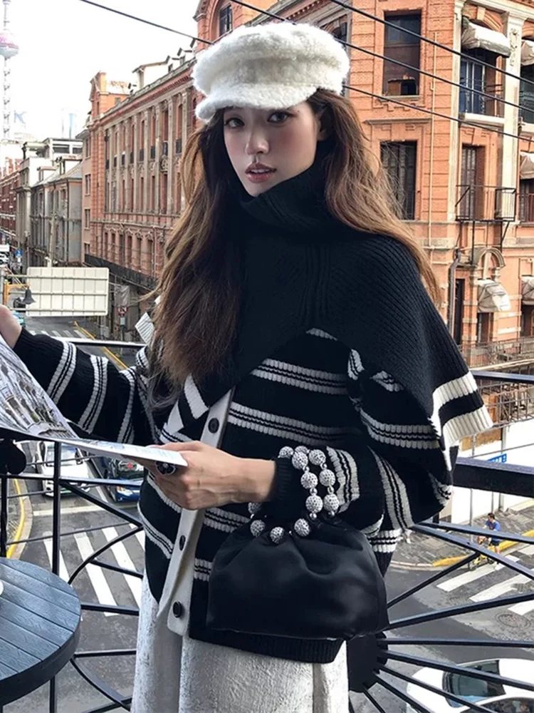 

American Vintage Knitted Cardigan + Scarf 2 Piece Sets Women Casual Turtleneck Sweater Coats Long Sleeve Korean Striped Jacket