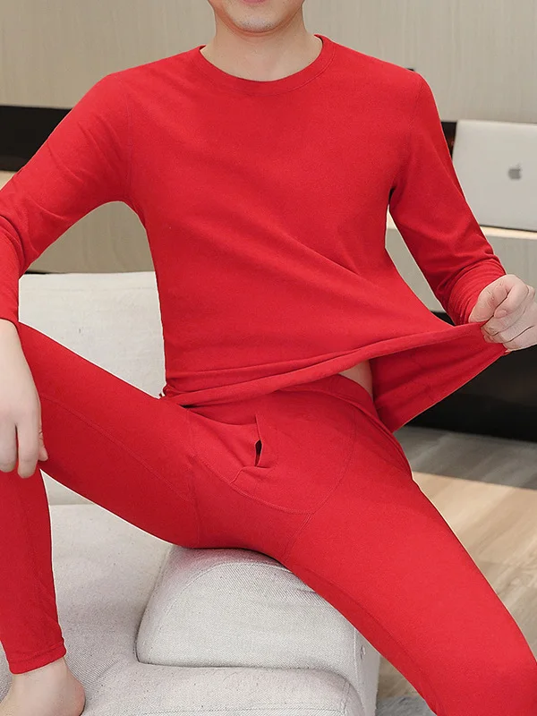 

Теплый комплект нижнего белья Fce, мужские круглые брюки, осень-зима, двусторонний бархат, чистый красный год зодиака, длинные брюки из полиэфирного волокна