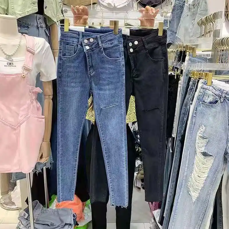 

Woman Pants Women Elastic Pencil Jeans Pants Light Blue Mid Waist Buttons Slim Fit Skinny Ankle-length Female Trouser Pants A477