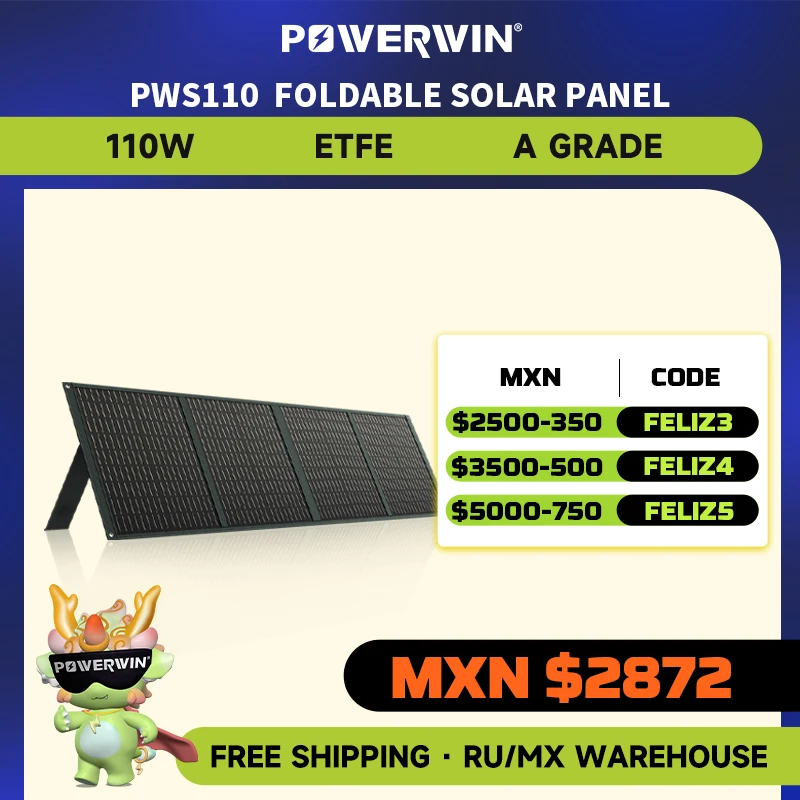 

POWERWIN PWS110 Foldable Solar Panel Battery Charger Flexible 18V 110W ETFE 24% Efficiency Voltage Regulator Fast QC Output RV