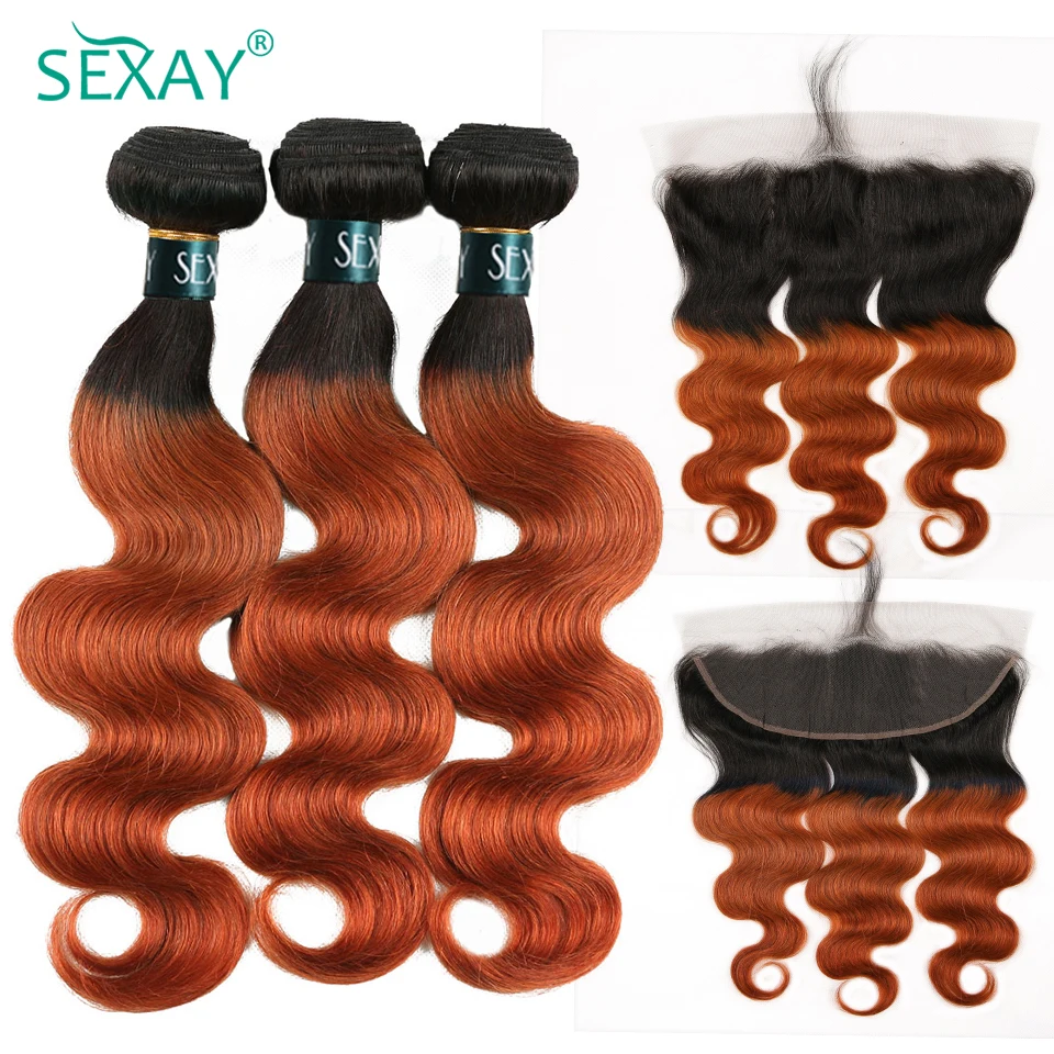 1B Orange Body Wave Bundles With Frontal Pre Plucked Ombre #350 Orange Color Human Hair Weave Bundles With 13x4 Lace Frontals