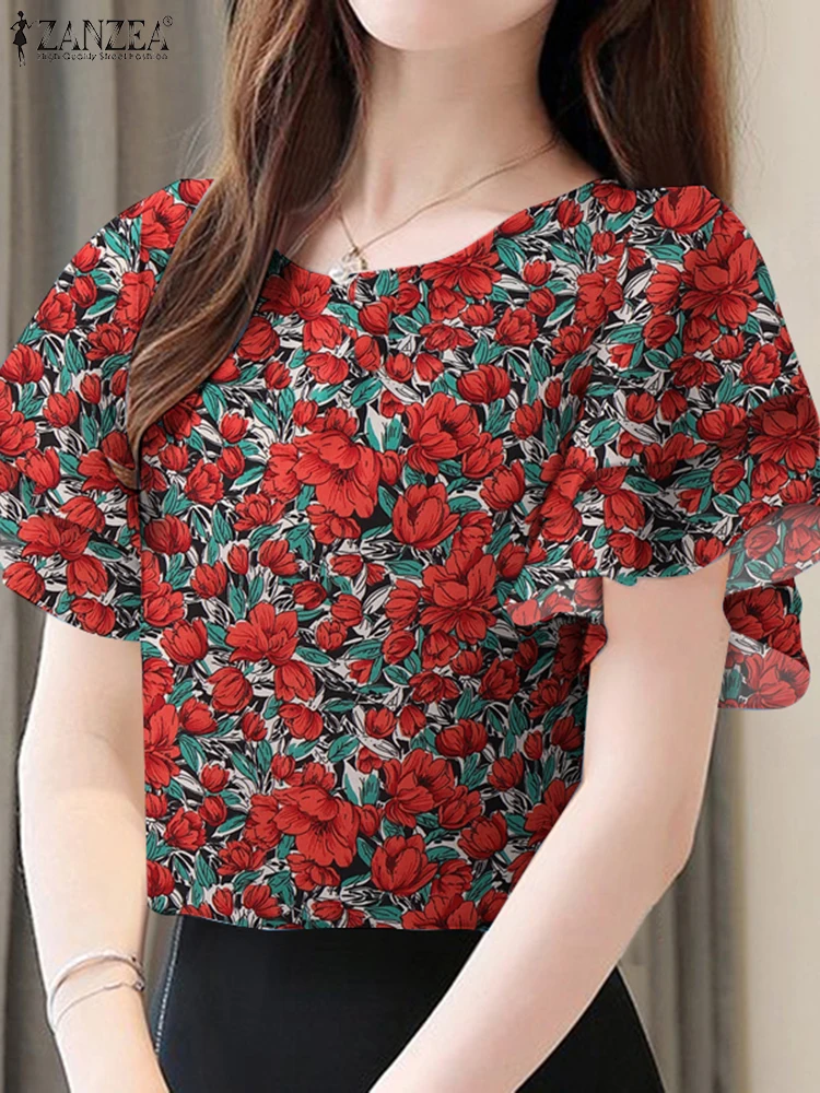 ZANZEA 여름 보헤미안 홀리데이 블라우스 여성 꽃 프린트 탑 우아한 캐주얼 비치 홀리데이 셔츠 O 넥 튜닉 블라우스 오버 사이즈