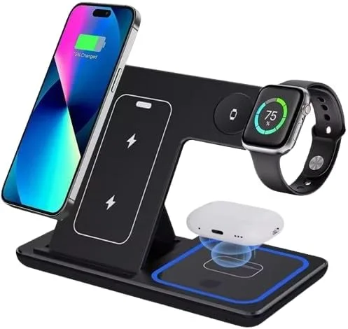 

Wholesale Custom Logo Portable 3 in 1 Multifunction Fast Wireless Charging Stand 15w Phone 3 in 1 Foldable Wireless Charger