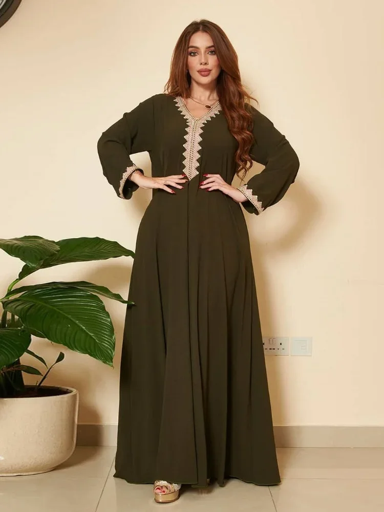 2025 nuevo vestido Abaya islámico para mujer banda de Color sólido Abayas de encaje moda suelta ropa de mujer musulmana Dubai Marruecos