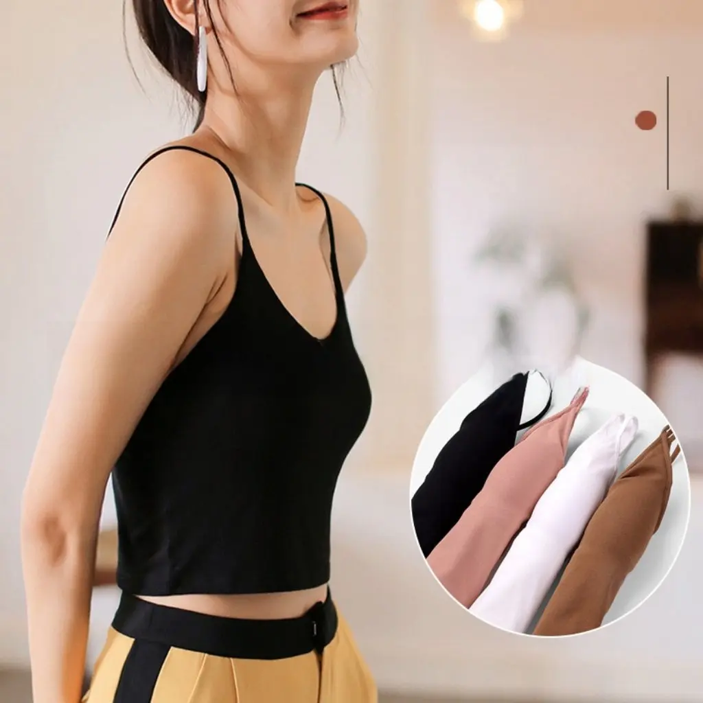 

Sexy Women's Camisole Top with Breast Pad V Neck U-Shaped Beautiful Back Short Outer Wear Inner Wear Bottoming V Neck T-Shirt