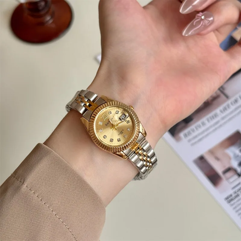 

Новые роскошные золотые женские часы с бриллиантовой датой, маленький циферблат, женские наручные часы, высококачественные кварцевые часы из нержавеющей стали