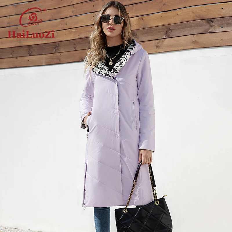 HaiLuoZi 2023 New Spring Women Jackets With a Belt Quilted Elegent Long Thin Cotton Female Outwear Big Pockets Women's Coat 7059