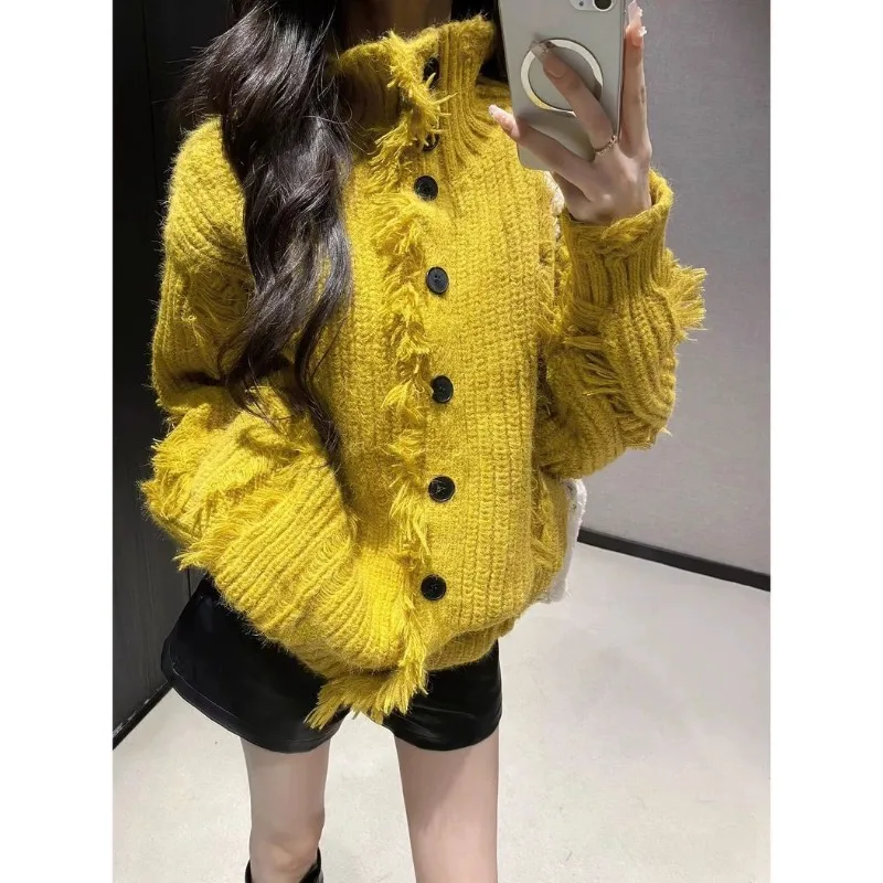 

Yellow Turtleneck Women's Autumn and Winter Thickened Tassel Cardigan Top