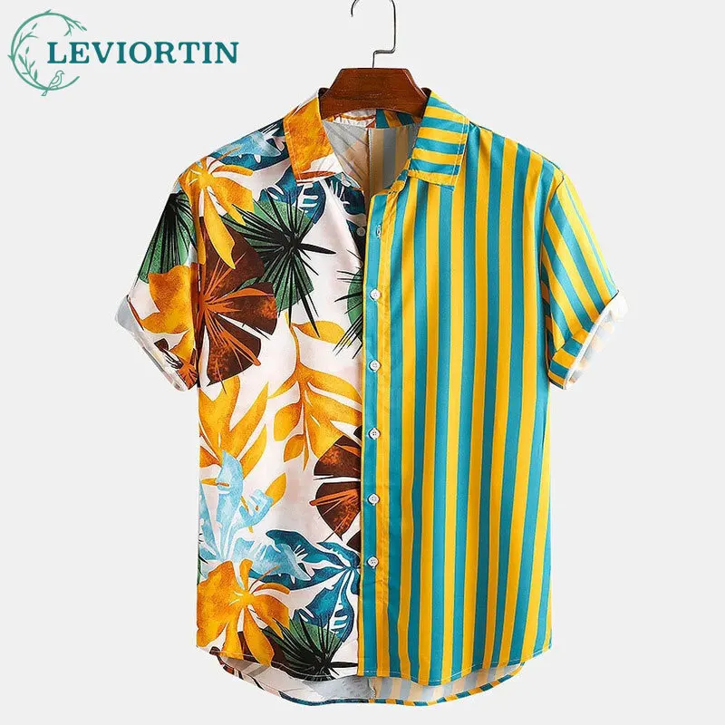 2025 Summer Hawaii Fashion Urban Printed Slim fit Casual Short sleeved Shirt Street Striped Beach Men's Polo Breathable Shirt