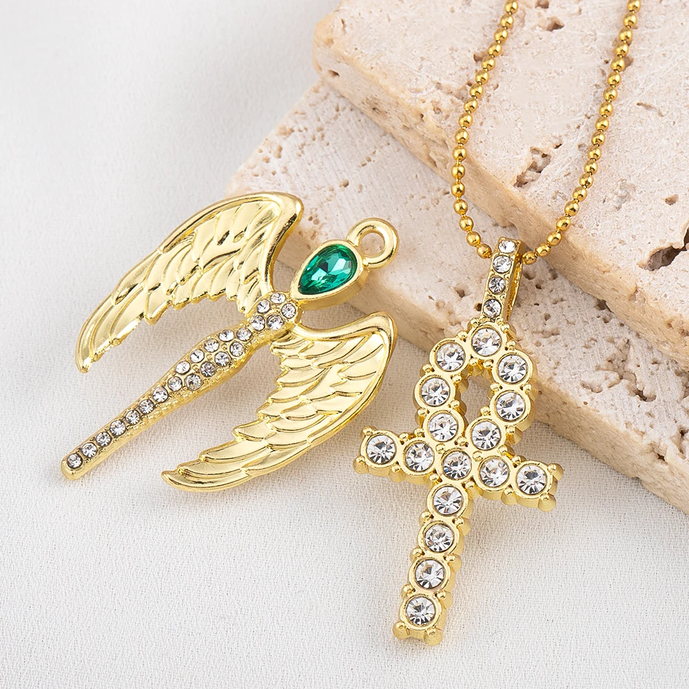 

2pcs Metal Colorful Zircon Pendants Gold Color Lamp Wing Cross With Diamonds Charms for DIY Jewelry Making Necklace Accessories