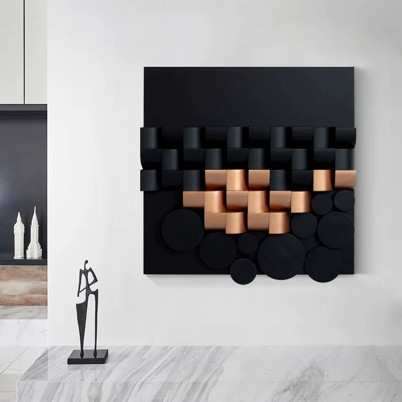 Black Luxury Wood Wall Decor 3D Geometric Cube Relief Art Sculpture Copper Accent Interior Ornament