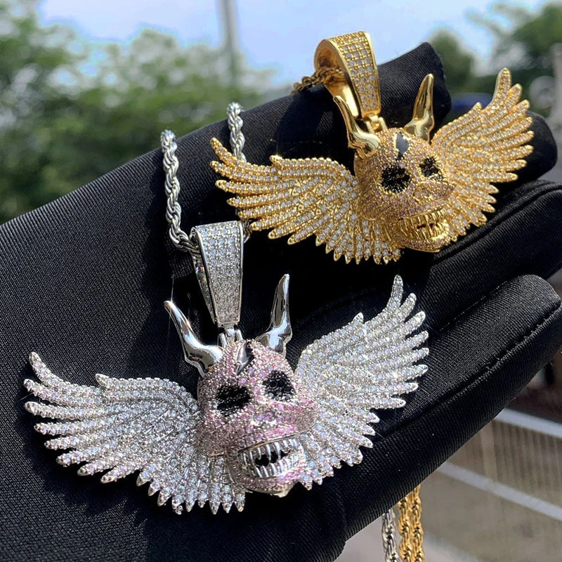 

Хип-хоп 5A + CZ Камень Bling Iced Out Крыло Ангела Череп Подвески Ожерелье Мужчины Рэпер Ювелирные Изделия Золото Серебро Цвет