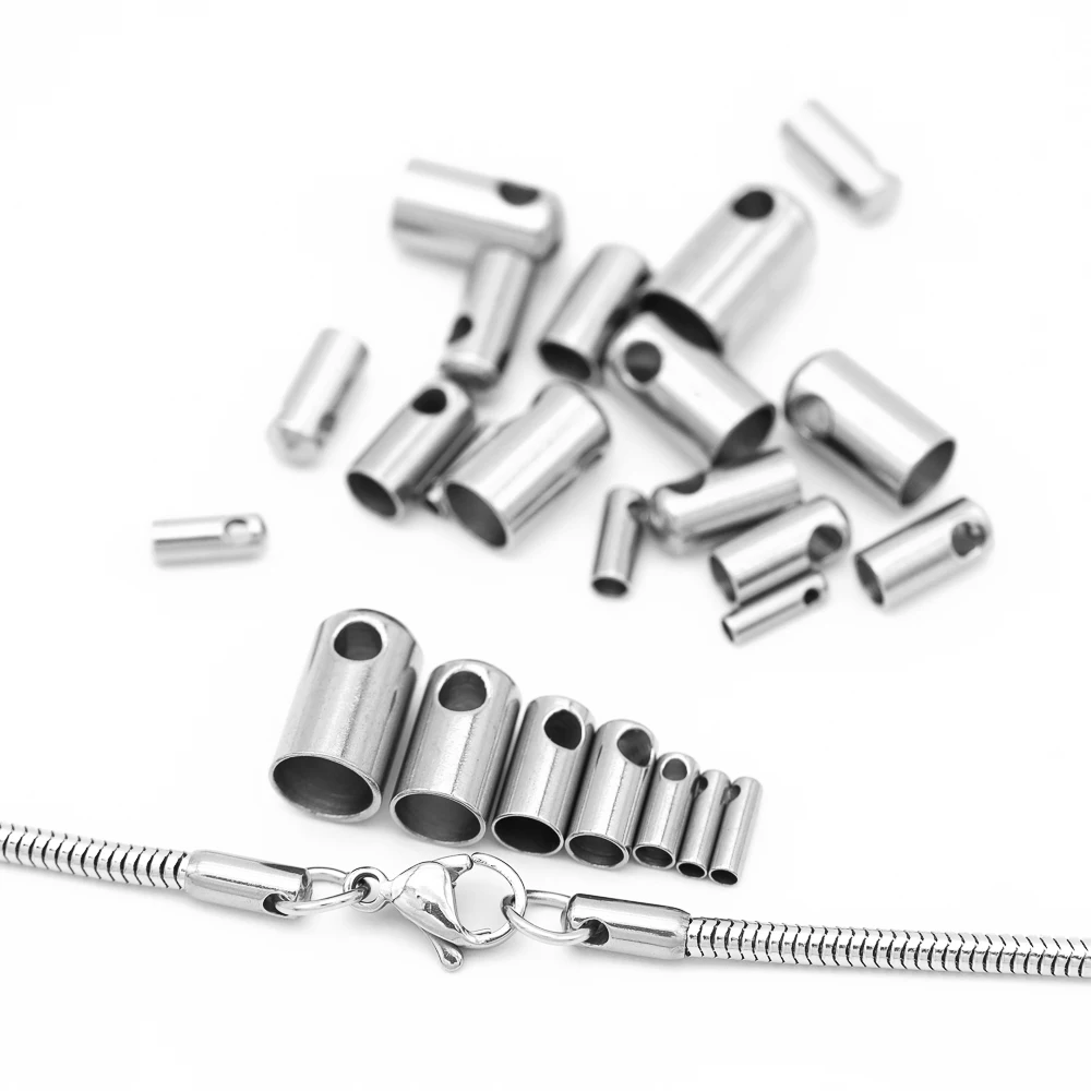 20pcs Stainless Steel Column End Tip Cap Crimp Clasps Connector Fit  Snake Chain Necklace Leather Cord Jewelry Accessories