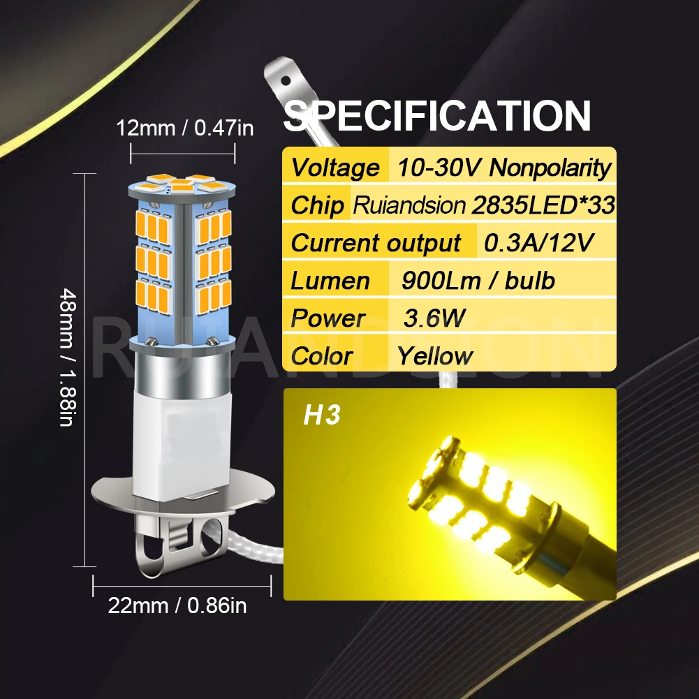 Ruiandsion 2pcs H1 H3 Truck Car Auto Fog Road Bulb Driving Light 2835 33SMD Amber LED 12V 24V White Red Blue Green Universal