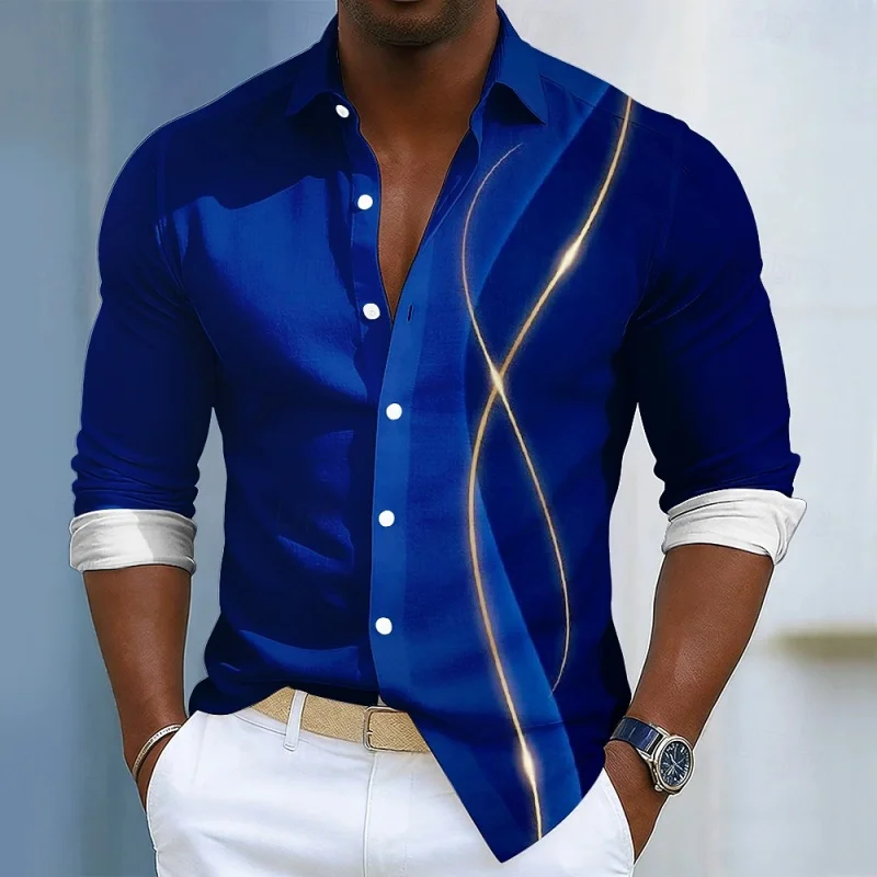 2026 Men's Shirt Long Sleeve Gradient Curve Stripe Print Turn Down Collar Casual Streetwear Autumn Daily Fashion Top Men Clothes