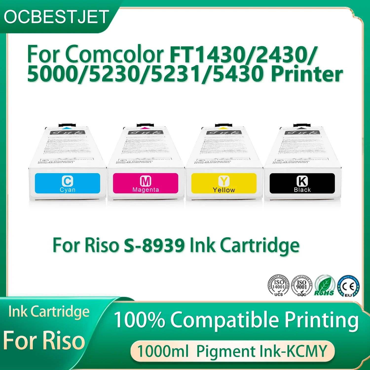 For Riso ORPHIS FT1430/1430R/2430/5000/5230/5231/5430 FT5430R Printer Compatible Ink Cartridge Ink Bag S8939 1000ml Pigment Ink