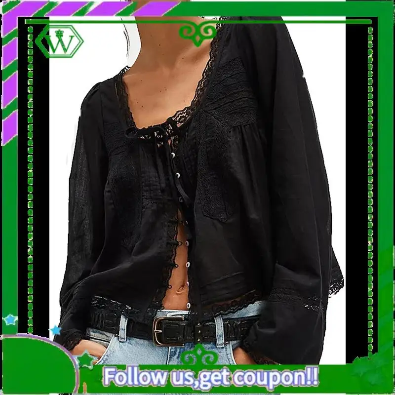 

A18P-Women Tie Front Long Sleeve Top Lace Trim Button Shirt Square Neck Loose Blouse Going Out Y2k Clothes