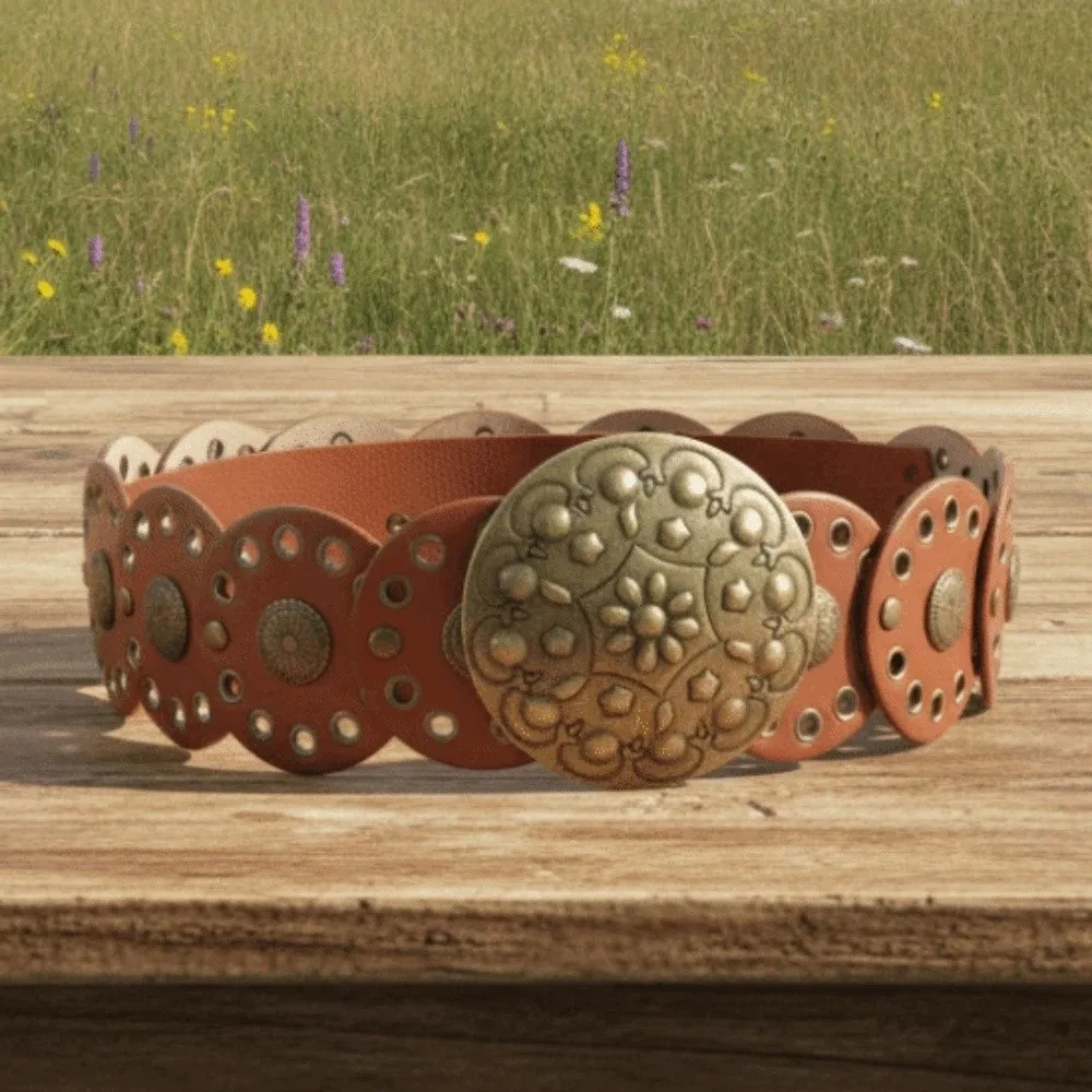 Vintage Alloy Ethnic Style Rivet Belt Jeans Decor Y2K Concho Wide Belt Punk Exaggerated Disc PU Hollow Waistband Party