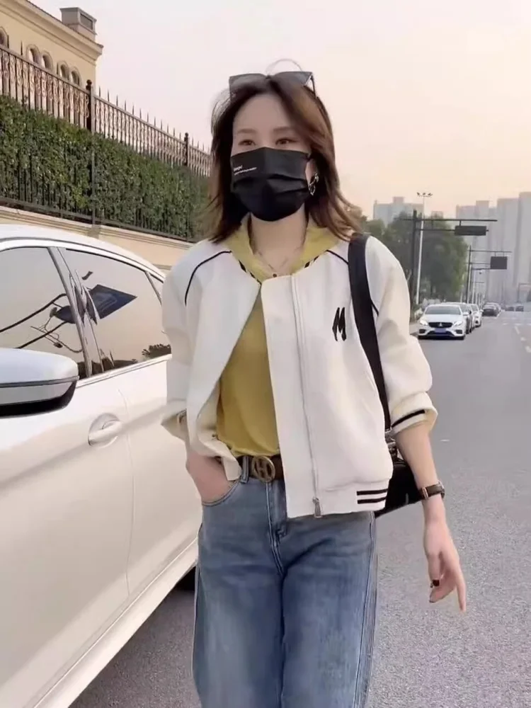Casual Short Women's Baseball Jacket Fashionable Spring Autumn New Style Versatile Loose Fit Zipper Design Polyester Blend
