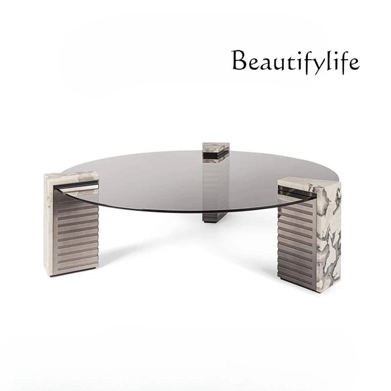 

Nordic modern designer light luxury simple stainless steel marble splicing glass round coffee table