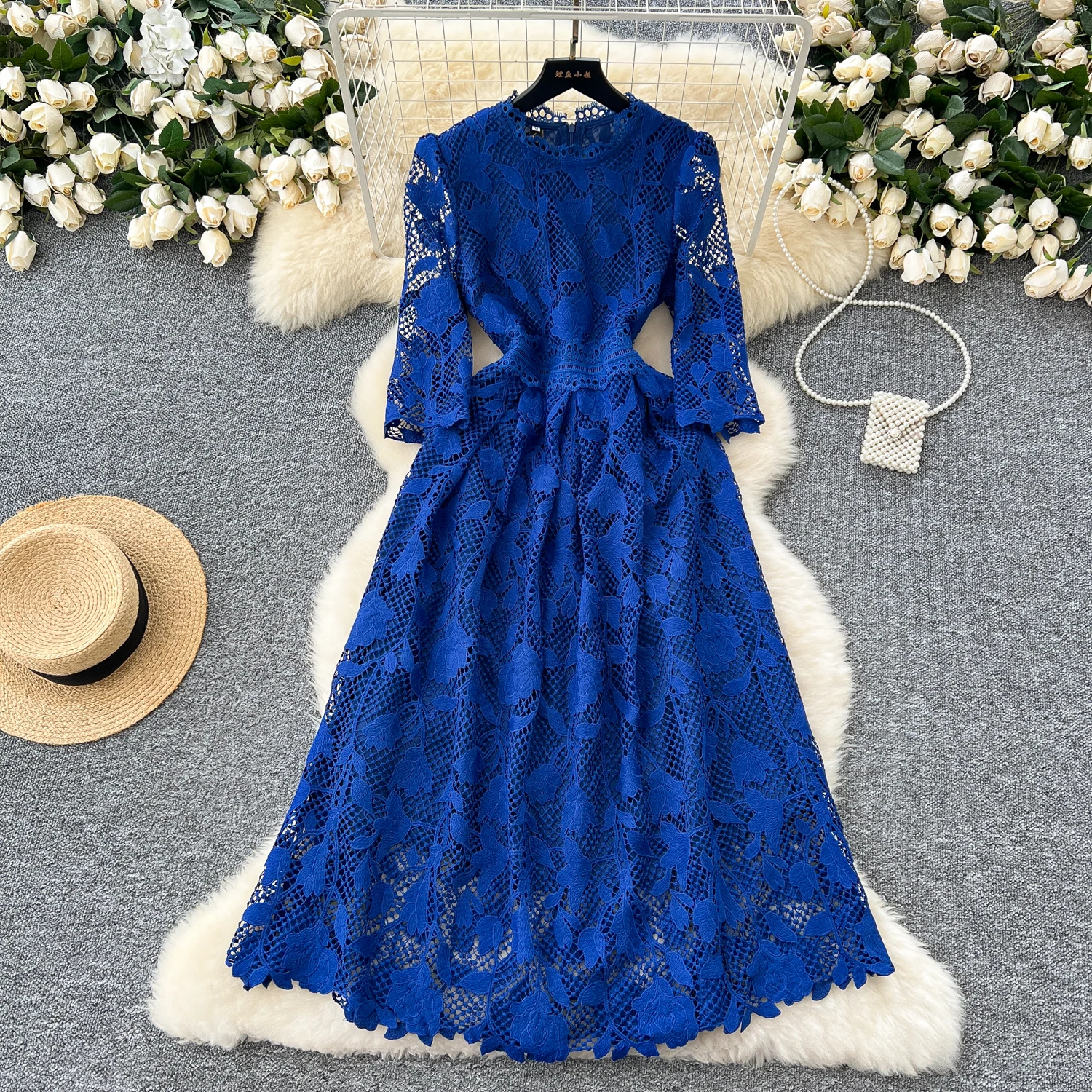 Elegant O-neck Vintage Long Sleeve Chic Hook Flower Hollow Slim Lace Dresses French Fashion Evening High Street Autumn Clothing