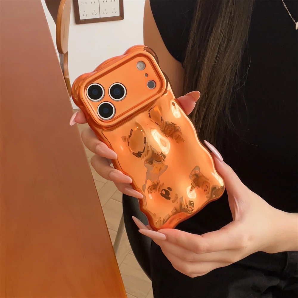 Luxury Plating Wrinkle Wavy Curly Case For iPhone 17 16 15 14 13 12 Pro Max Plus Air 3D Unevenness Soft Camera Protection Cover