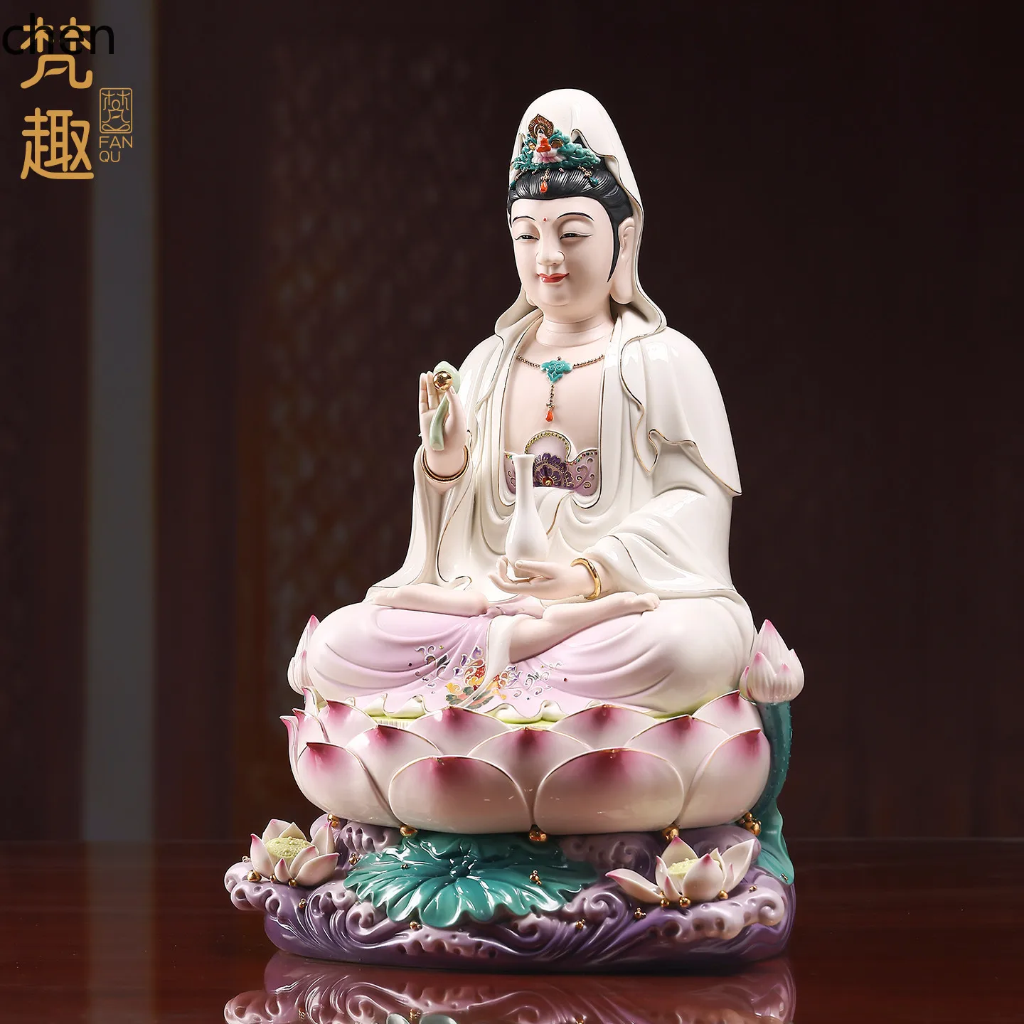 Cz ceramic sitting lotus smiling face guanyin bodhisattva home buddhist hall worship buddha statue decorative ornaments