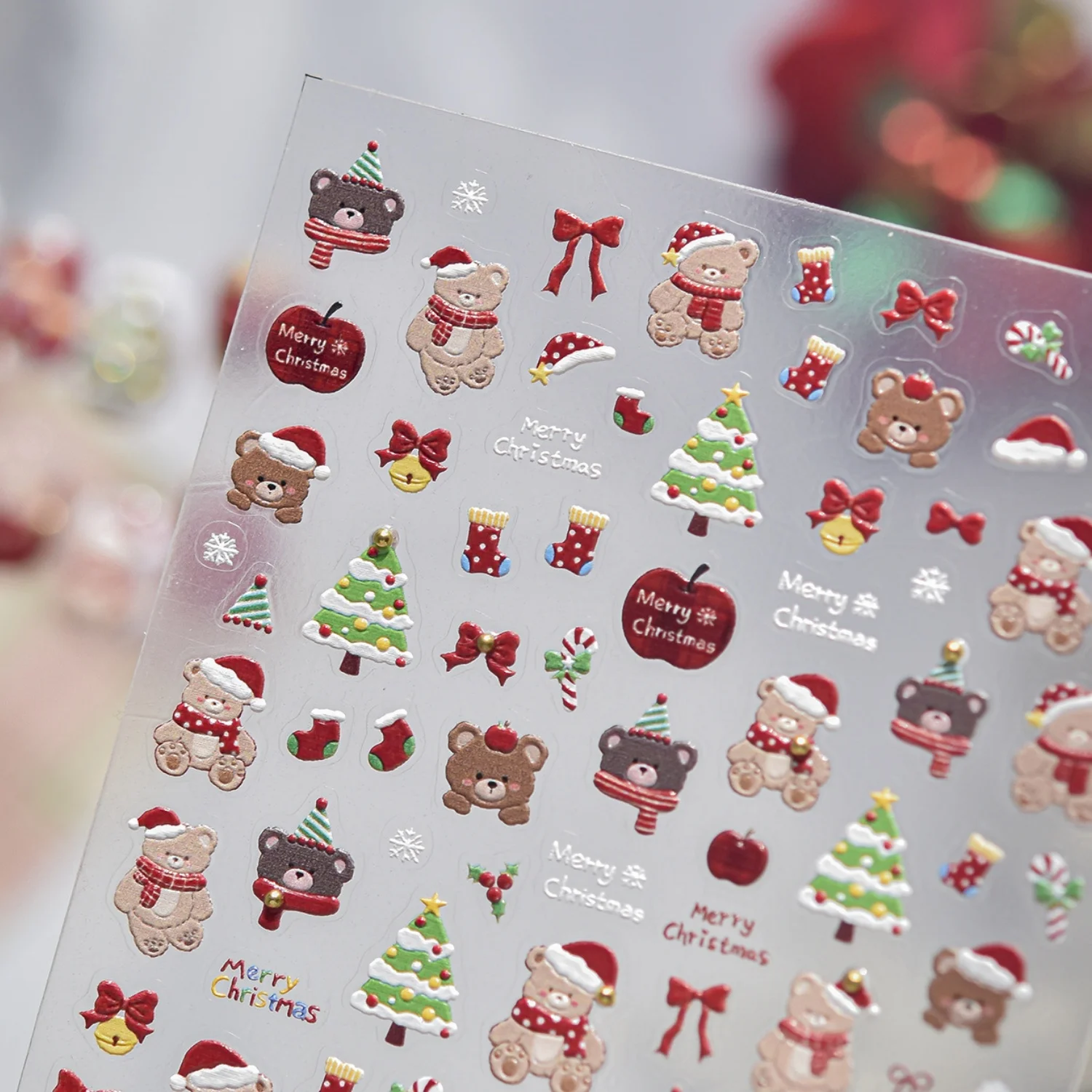 Warm Holiday Teddy Nail Art 5D Cute Red Brown Bear Xmas Hat Scarf Tree Apple Bow Stocking Candy Cane Self Adhesive Nail Sticker