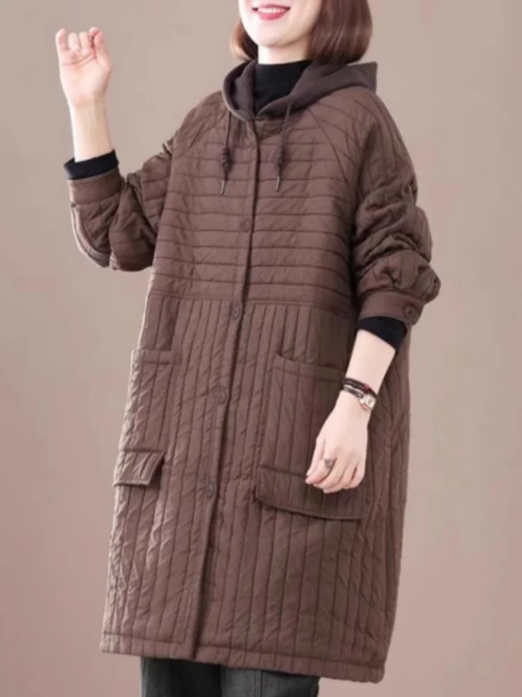 Vefadisa 2024 Autumn Winter New Coffee Striped Retro Women Parkas Coat With Hooded Long Sleeved Mid-length Parkas Coat ZXY1203A