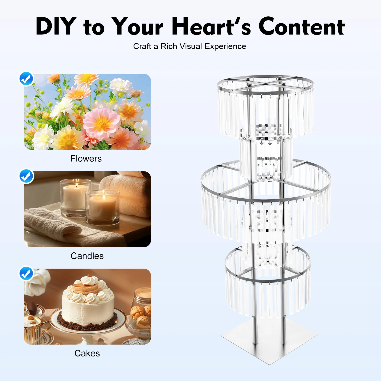 5-Tier Crystal Flower Stand – Electroplated Iron + Acrylic, 43.3in, Clear Pendants – DIY Display for Wedding Party Home Decor