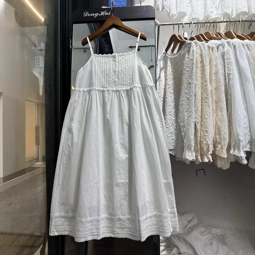 2026 Japan style mori girl summer sweet cotton embroider solid dress women spaghetti strap robe white beige petticoat dress