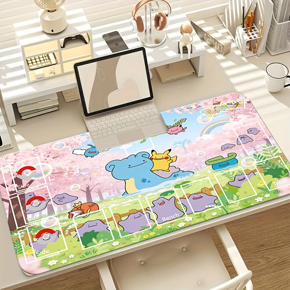 Cherry Blossom Ditto Pikachu Pokemon TCG Playmat, Large Extended Gaming Mouse Pad, Non-Slip Desk Mat for Card Game Gamer Office