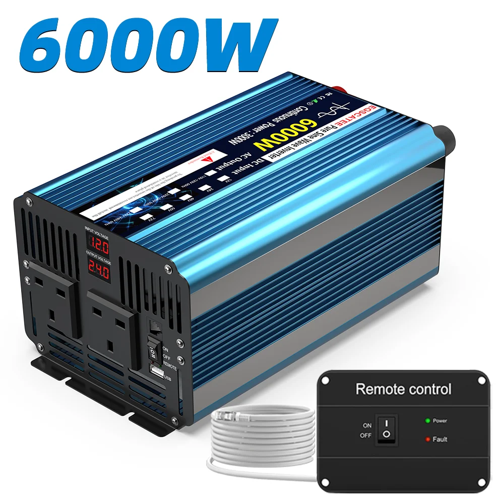 U.K Plug Pure Sine Wave Power Inverter 6000W  DC 12V/24V To AC 240V Frequency Converter 50hz Solar Car Inverter Transformer LED