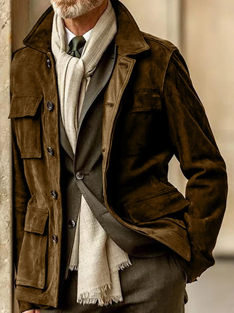 Men's Vintage Suede Casual Jacket Solid Single-breasted Lapel Outdoor Multiple Pockets Fashion Straight Autumn Streetwear Jacket
