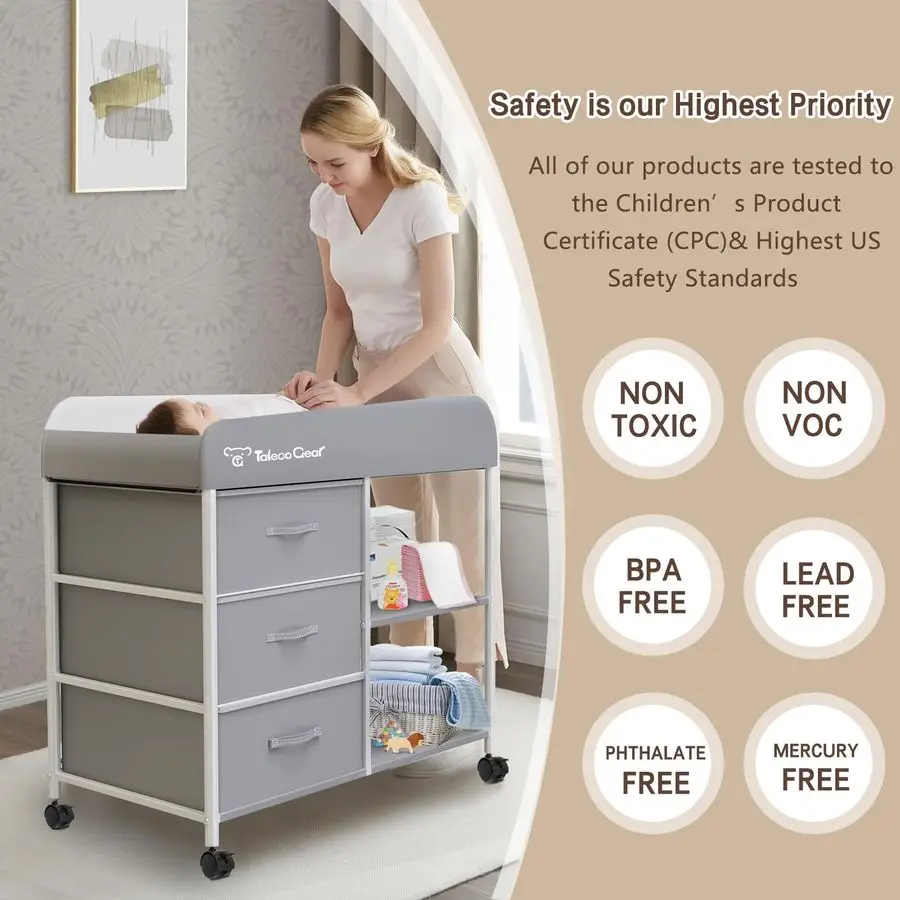 

Пеленальный столик, портативный пеленальный столик, станция для пеленания с водонепроницаемой подушечкой, комод для пеленального столика с 3-мя местом для хранения