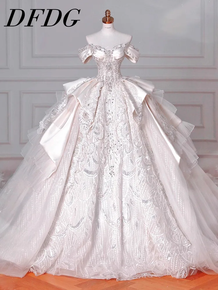 

DFDG Women’s 2025 Spring Summer Off Shoulder Wedding Dress Luxury Haute Couture Heavy Embroidered Long Train Bridal Gown Dress