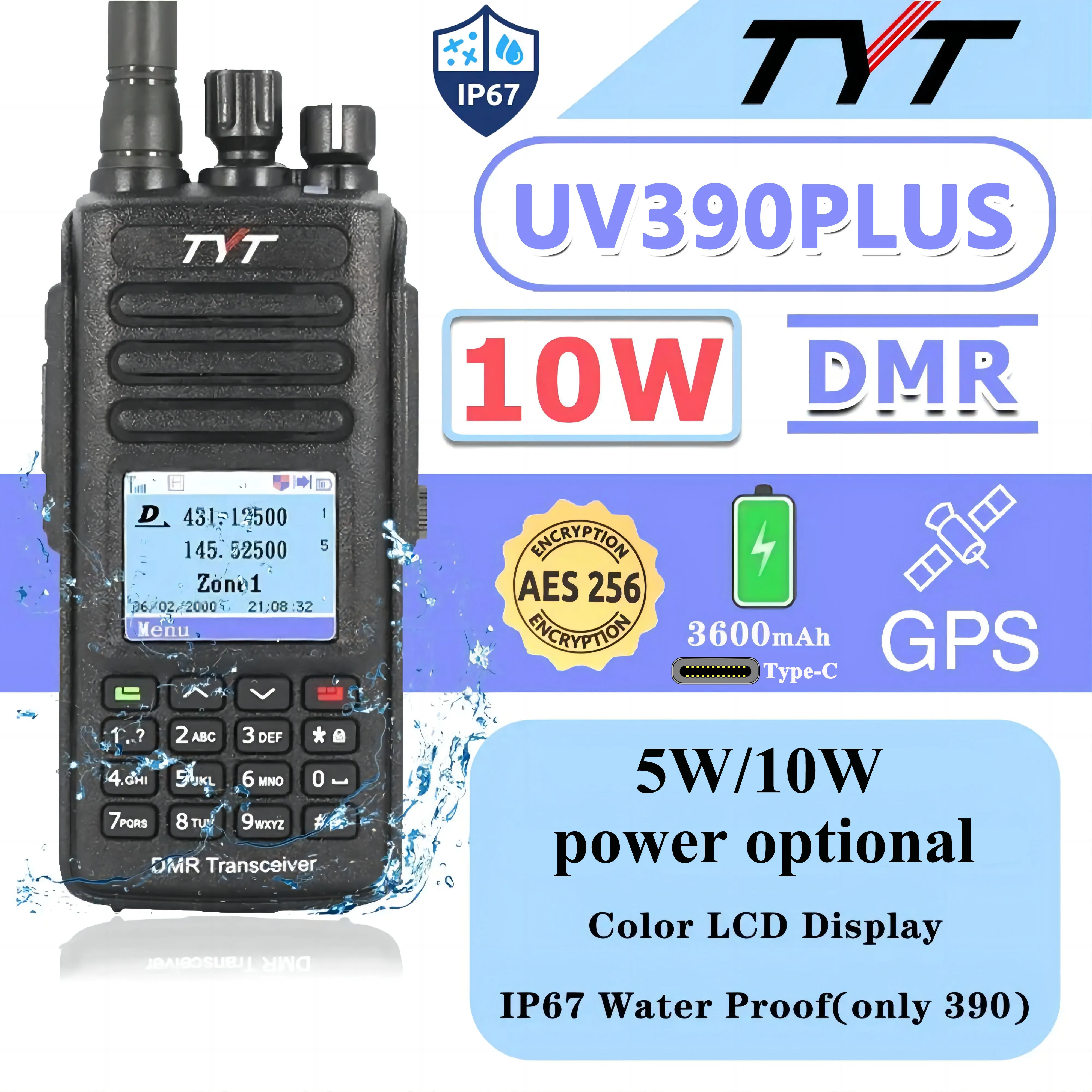 TYT MD-UV390PLUS DMR Digital Walkie Talkie 3600mAh MD UV390 AES256 Waterproof Dual Band UV transceiver GPS Optional