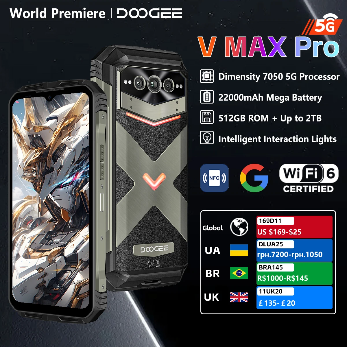 Прочный смартфон DOOGEE V MAX PRO, размер 7050, 5G, 6,58 дюйма, IPS-экран, 12 ГБ ОЗУ, 512 ГБ ПЗУ, 22000 мАч, 108 МП, AI-камера, Android 14 NFC