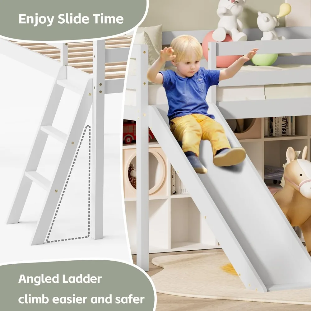 Low Loft Bed with Slide, Wood Twin Loft Bed Frame with Climbing Ladder & Storage Space for Kids Toddler