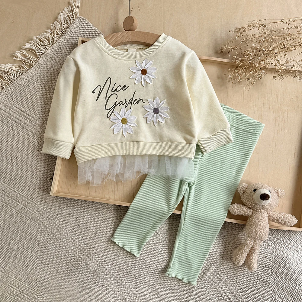 Girls Baby Floral Applique Sweatshirt+Leggings 2Pcs Lace Tulle Hem Pullover Tops Pants for Kids 2026 Children Clothes Sets