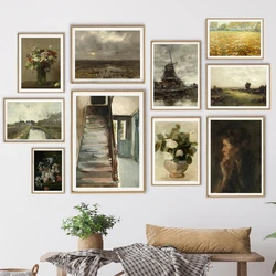 Dark Academia Aesthetic Wall Decoration Rustic Moody Landscape Oil Painting Canvas Poster Vintage Flowers Prints Home Room Decor