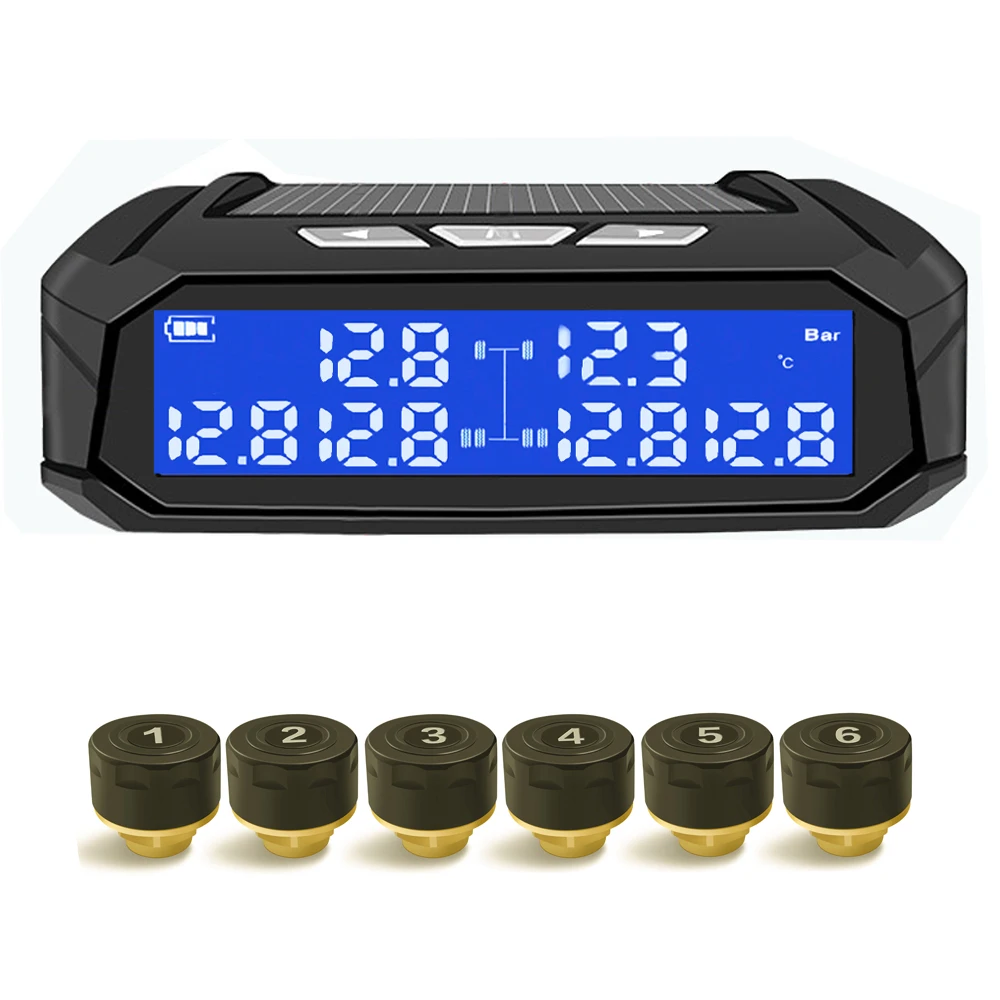 Solar TPMS 6-Wheel Truck Car Tire Pressure Alarm Monitor System Tyre Temp Display Auto Security Alarm Systems With 6 Sensor