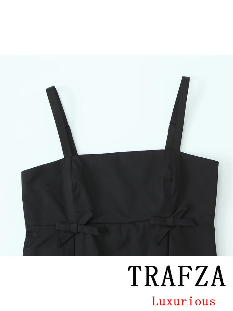 TRAFZA Sexy Chic Solid Black Women Bow Suit Cami Pleat Short Top Zipper Mini Pantskirt New Fashion 2024 Autumn Holiday Suit