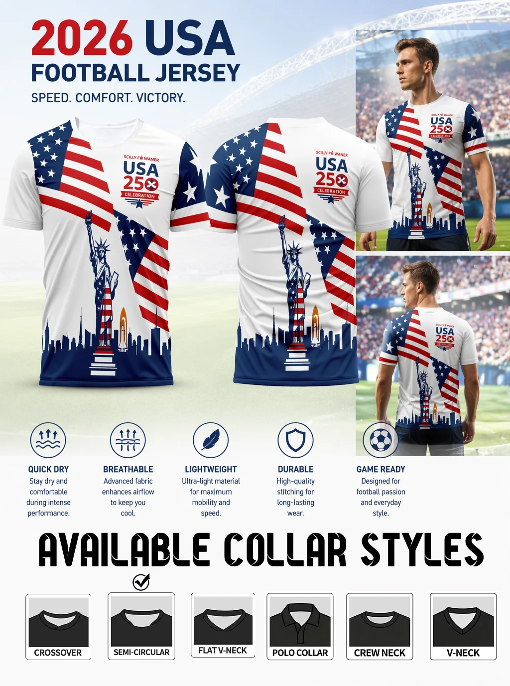 USA‑themed soccer jersey printed with Statue‑of‑Liberty skyline, diagonal flag pattern and USA 250 anniversary logo