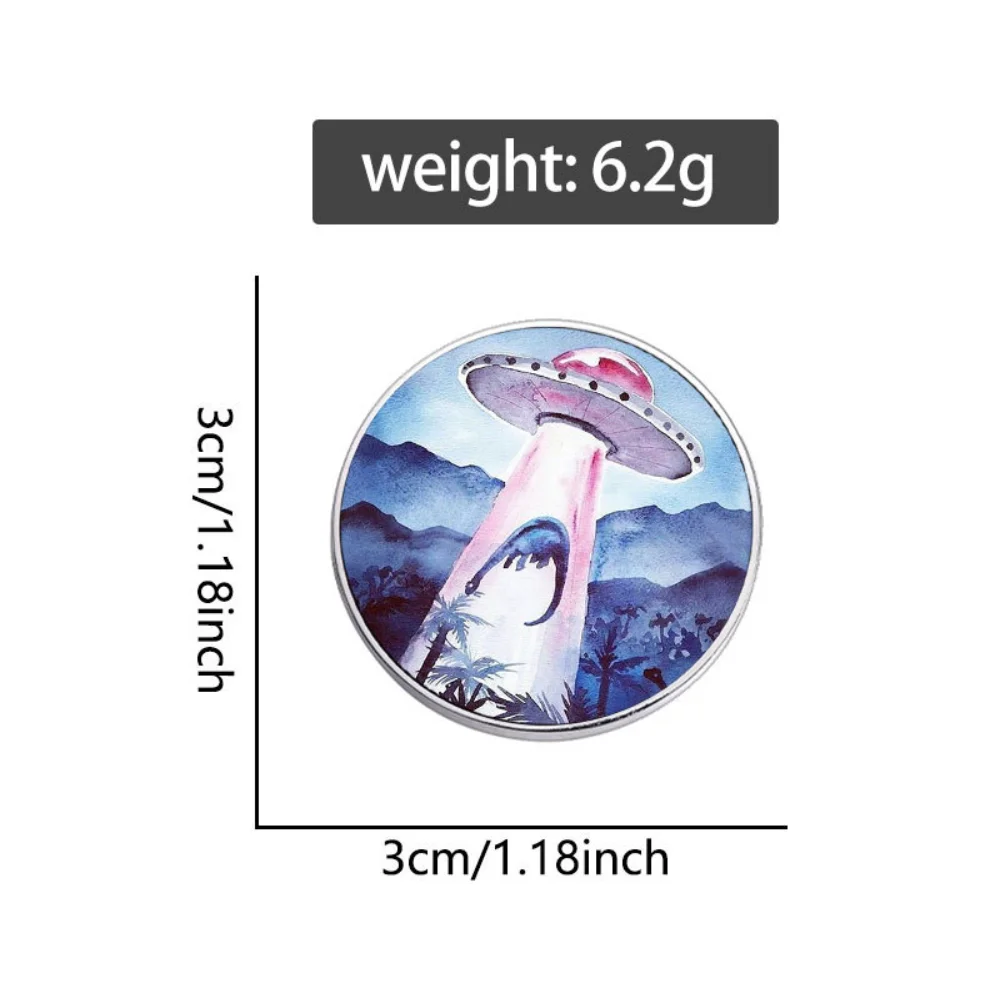 5pcs Abducting Dinosaur Watercolor Art Button Pin Brooch Funny Alien Saucer Badge Round Pins for Backpack Clothes Aesthetic Gift