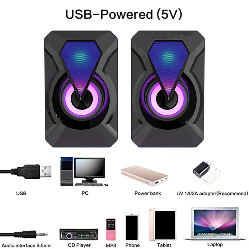 Computer Speaker USB Powered PC Speaker 3.5mm Audio Jack Mini Desktop Home Office Subwoofer RGB Speaker